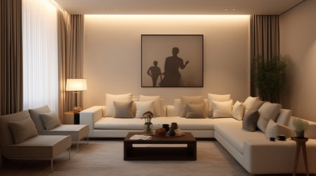 interior design of modern living room with beige fabric sofa and cushions. Generative Aiの素材