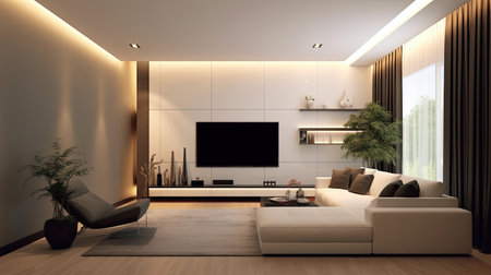 living room, Minimalist style interior design of modern living room with tv. Generative Aiの素材
