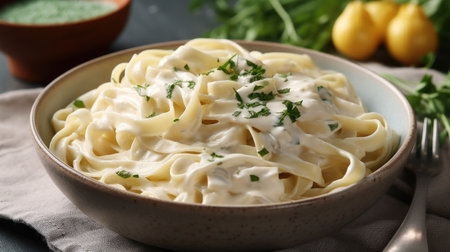 Fettucini Alfredo dinner with creamy white sauce and herbs on table. Generative Aiの素材