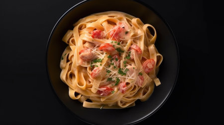 Top view of  Italian pasta fettuccine in a creamy sauce on a black plate. Generative Aiの素材