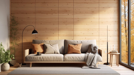 living room, Sofa with pillows and blanket against window in room with wooden paneling wall. Scandinavian style home interior design of modern living room. Generative Aiの素材