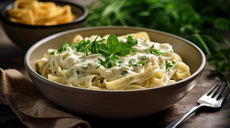 Fettucini Alfredo dinner with creamy white sauce and herbs on table. Generative Aiの素材