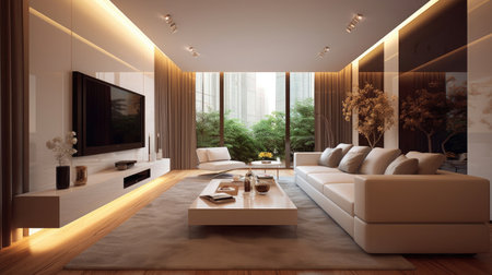 Luxury home interior design of modern living room. White sofa and tv unit in spacious room. Generative Aiの素材