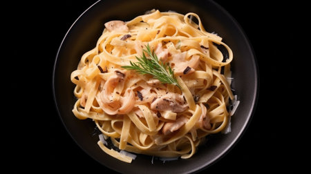 Top view of  Italian pasta fettuccine in a creamy sauce on a black plate. Generative Aiの素材