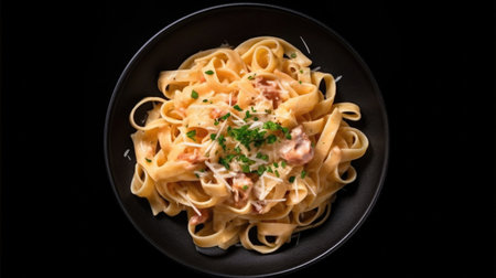 Top view of  Italian pasta fettuccine in a creamy sauce on a black plate. Generative Aiの素材