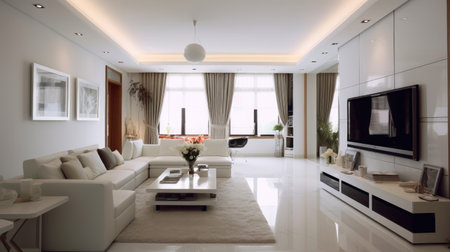 Luxury home interior design of modern living room. White sofa and tv unit in spacious room. Generative Aiの素材