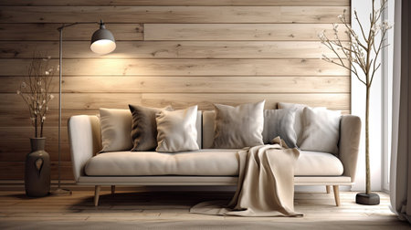 living room, Sofa with pillows and blanket against window in room with wooden paneling wall. Scandinavian style home interior design of modern living room. Generative Aiの素材