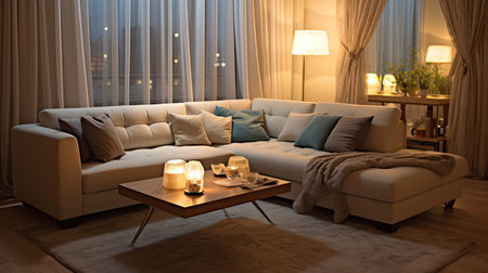 interior design of modern living room with beige fabric sofa and cushions. Generative Aiの素材