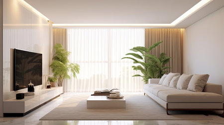 Luxury home interior design of modern living room. White sofa and tv unit in spacious room. Generative Aiの素材