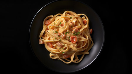 Top view of  Italian pasta fettuccine in a creamy sauce on a black plate. Generative Aiの素材