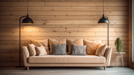 living room, Sofa with pillows and blanket against window in room with wooden paneling wall. Scandinavian style home interior design of modern living room. Generative Aiの素材