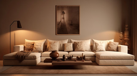 interior design of modern living room with beige fabric sofa and cushions. Generative Aiの素材