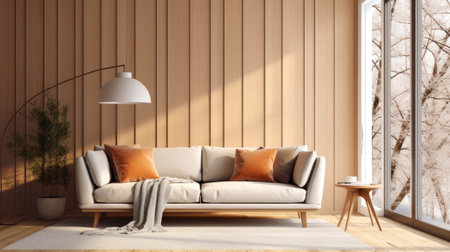 living room, Sofa with pillows and blanket against window in room with wooden paneling wall. Scandinavian style home interior design of modern living room. Generative Aiの素材