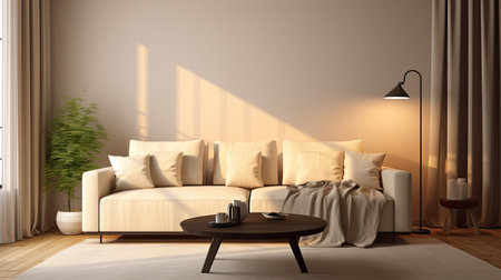interior design of modern living room with beige fabric sofa and cushions. Generative Aiの素材