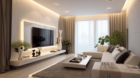 living room, Minimalist style interior design of modern living room with tv. Generative Aiの素材