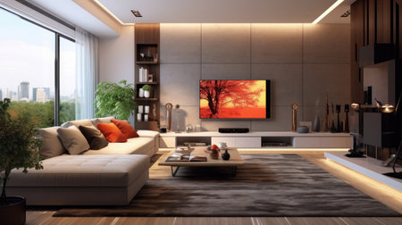 living room, Minimalist style interior design of modern living room with tv. Generative Aiの素材