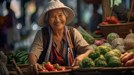 Joyful seller senior woman working in fruit shop. Generative Aiの素材