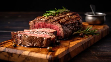 Beef, Sliced grilled meat steak Rib eye medium rare set on wooden serving board. Generative Aiの素材