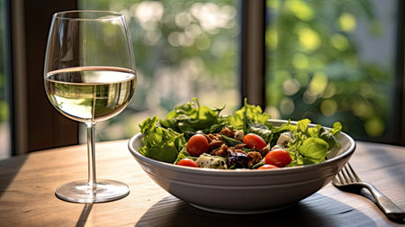 food and glasses of wine next to a bowl of salad and a glass of wine on top of a table. Generetive Aiの素材