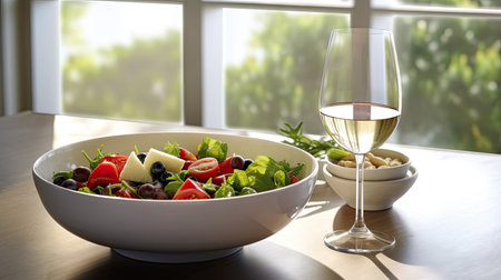 food and glasses of wine next to a bowl of salad and a glass of wine on top of a table. Generetive Aiの素材
