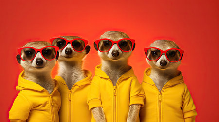 Group of Meerkat wear sunglasses, vibrant bright fashionable outfits isolated on red background. Creative animal concept. Generetive Aiの素材