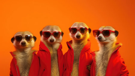 Group of Meerkat wear sunglasses, vibrant bright fashionable outfits isolated on red background. Creative animal concept. Generetive Aiの素材