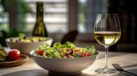 food and glasses of wine next to a bowl of salad and a glass of wine on top of a table. Generetive Aiの素材