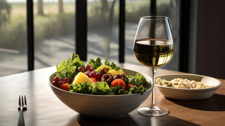 food and glasses of wine next to a bowl of salad and a glass of wine on top of a table. Generetive Aiの素材