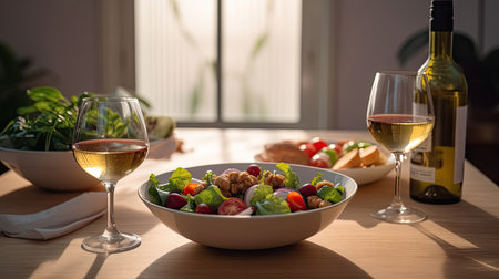 food and glasses of wine next to a bowl of salad and a glass of wine on top of a table. Generetive Aiの素材