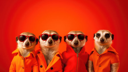 Group of Meerkat wear sunglasses, vibrant bright fashionable outfits isolated on red background. Creative animal concept. Generetive Aiの素材