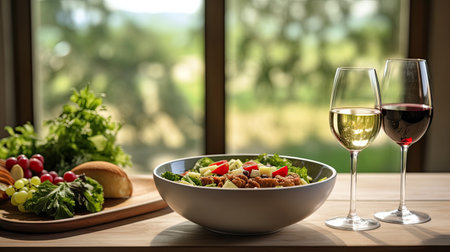 food and glasses of wine next to a bowl of salad and a glass of wine on top of a table. Generetive Aiの素材