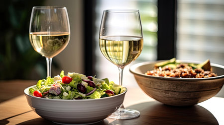 food and glasses of wine next to a bowl of salad and a glass of wine on top of a table. Generetive Aiの素材