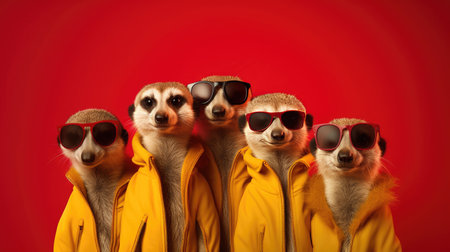 Group of Meerkat wear sunglasses, vibrant bright fashionable outfits isolated on red background. Creative animal concept. Generetive Aiの素材