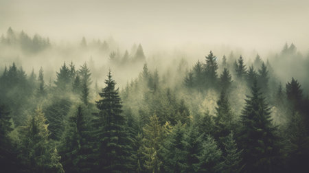 Misty landscape with fir forest in vintage retro style, Nature background. Generetive Aiの素材