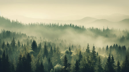 Misty landscape with fir forest in vintage retro style, Nature background. Generetive Aiの素材