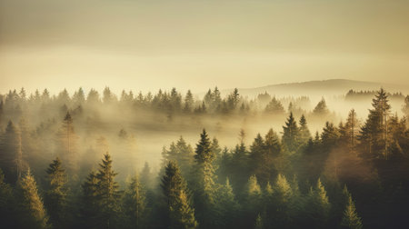 Misty landscape with fir forest in vintage retro style, Nature background. Generetive Aiの素材