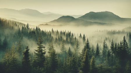 Misty landscape with fir forest in vintage retro style, Nature background. Generetive Aiの素材