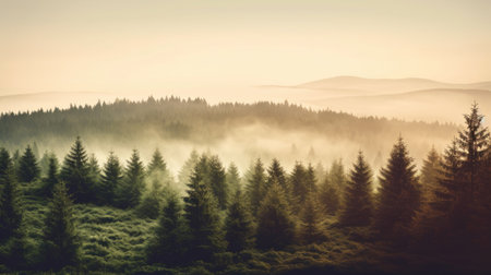 Misty landscape with fir forest in vintage retro style, Nature background. Generetive Aiの素材
