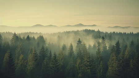 Misty landscape with fir forest in vintage retro style, Nature background. Generetive Aiの素材