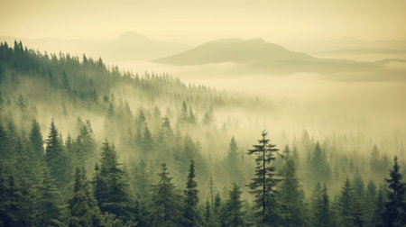Misty landscape with fir forest in vintage retro style, Nature background. Generetive Aiの素材