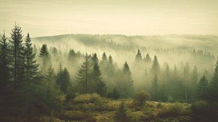 Misty landscape with fir forest in vintage retro style, Nature background. Generetive Aiの素材