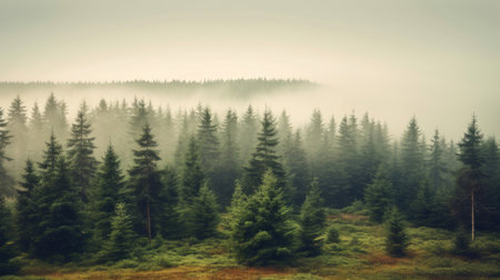 Misty landscape with fir forest in vintage retro style, Nature background. Generetive Aiの素材