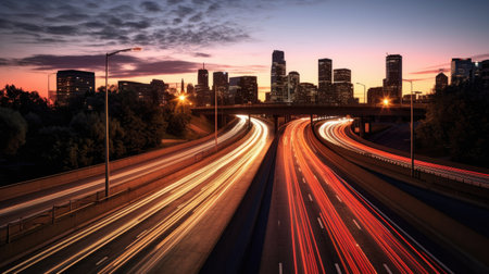 The motion blur of a busy urban highway during the evening rush hour. Generetive Aiの素材