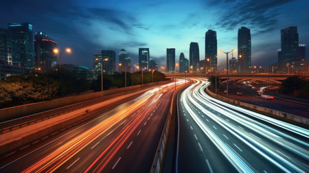 The motion blur of a busy urban highway during the evening rush hour. Generetive Aiの素材