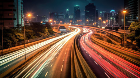 The motion blur of a busy urban highway during the evening rush hour. Generetive Aiの素材