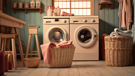 Washing machine, Washing gel and laundry basket in house. interior design. Generetive Aiの素材