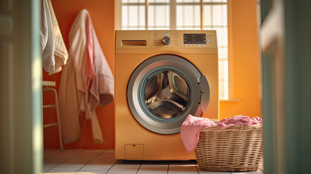 Washing machine, Washing gel and laundry basket in house. interior design. Generetive Aiの素材