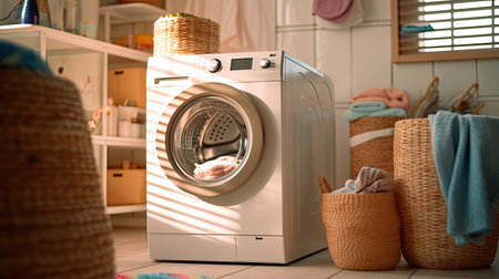 Washing machine, Washing gel and laundry basket in house. interior design. Generetive Aiの素材