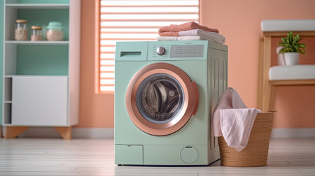 Washing machine, Washing gel and laundry basket in house. interior design. Generetive Aiの素材