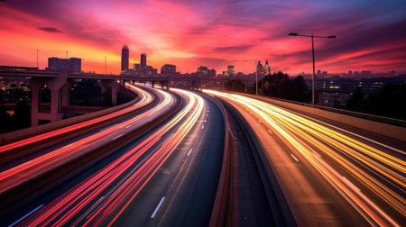 The motion blur of a busy urban highway during the evening rush hour. Generetive Aiの素材